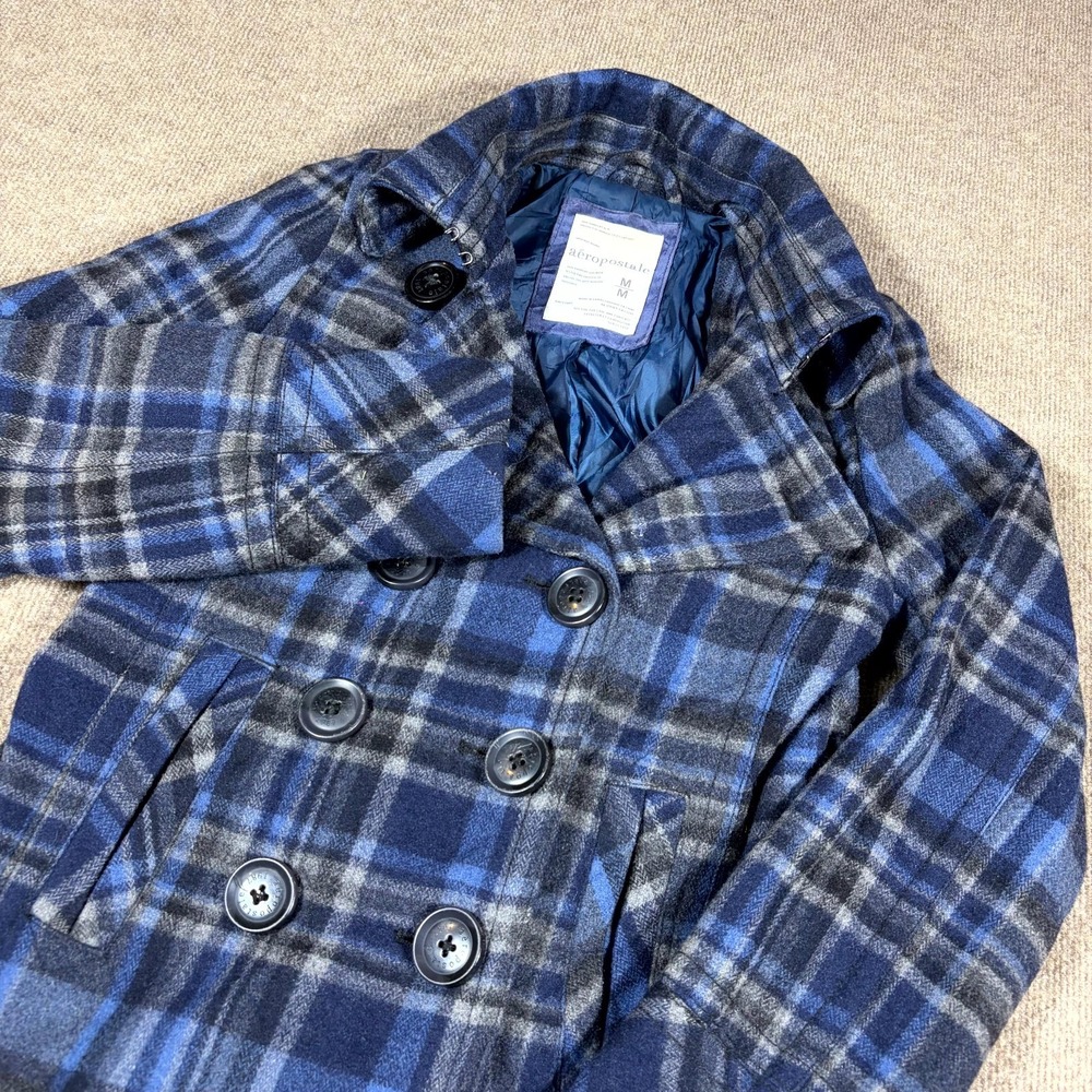 Aeropostale Cropped Jacket Womens M Blue Gray Plaid Long Sleeve Double Breasted